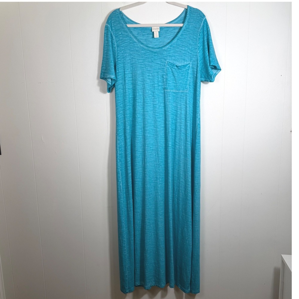 Chicos Slub Knit Maxi Dress Turquoise Blue Short Sleeve Size 2/Large Side Slit